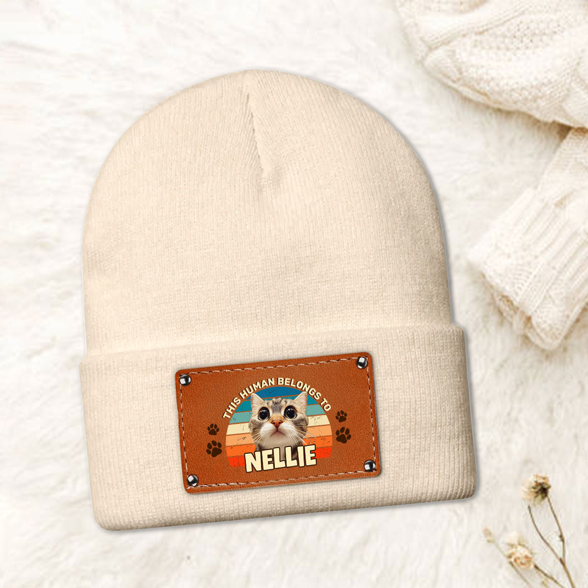 This Human Belongs To | Personalized Leather Knitted Beanie JSLKBPH1953TA