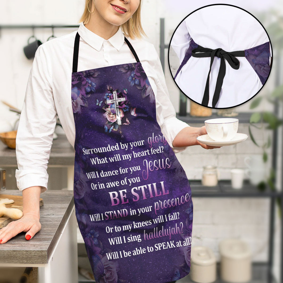 Jesuspirit | Surrounded By Your Glory | Apron With Neck Strap | Rose And Cross | Meaningful Gift For Christians HH175B