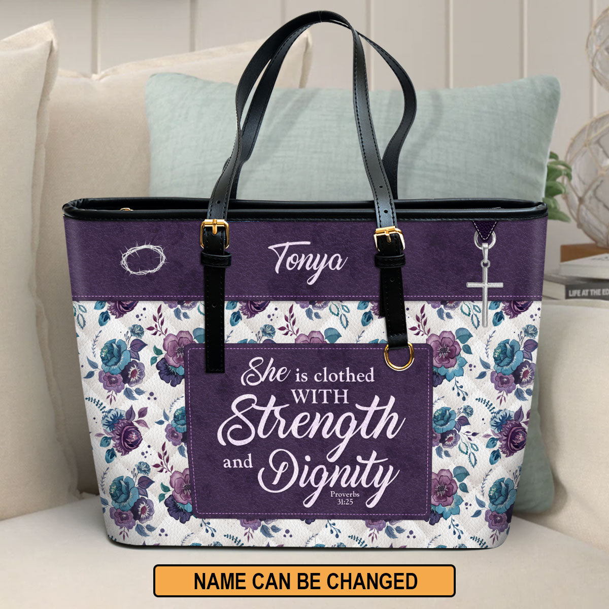 Jesuspirit | She Is Clothed With Strength and Dignity | Personalized Large Leather Tote Bag | Gift For Worship Leaders | Proverbs 31:25 LLTBHN804