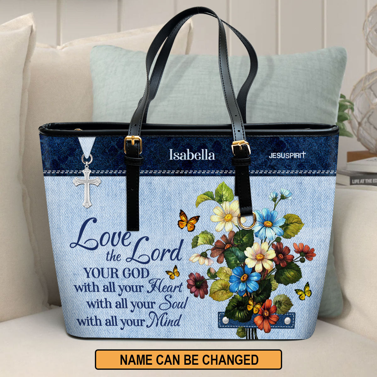 Jesuspirit | Love The Lord Your God With All Your Heart | Personalized Large Leather Tote Bag | Matthew 22:37 | Religious Gift For Christian Ladies LLTBHN647