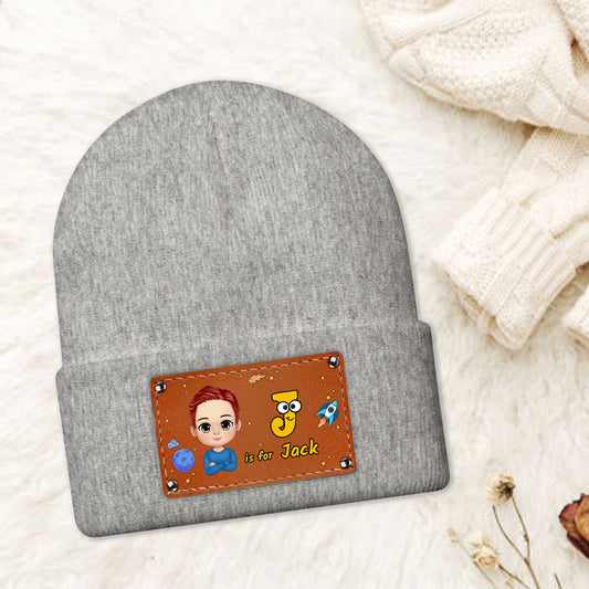 Kid's Name | Personalized Leather Knitted Beanie JSLKBPT1943M