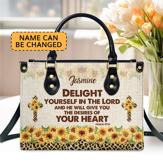 Jesuspirit | Personalized Leather Handbag With Handle | Delight Yourself In The Lord | Psalm 37:4 | Sunflower And Cross HN152