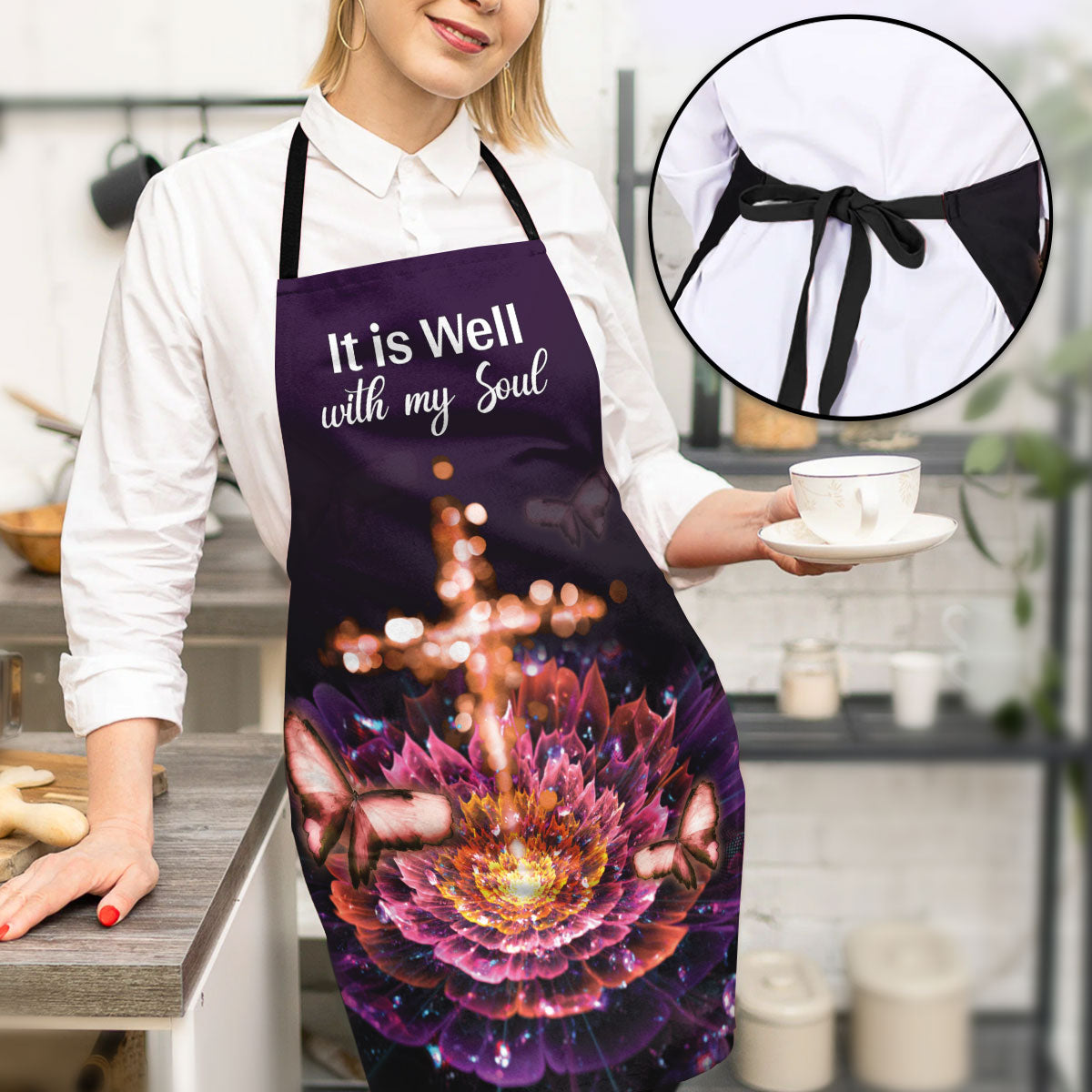 Jesuspirit Apron With Adjustable Neck Strap | It Is Well With My Soul | Flower & Cross | Saintly Gift For Christians HN162