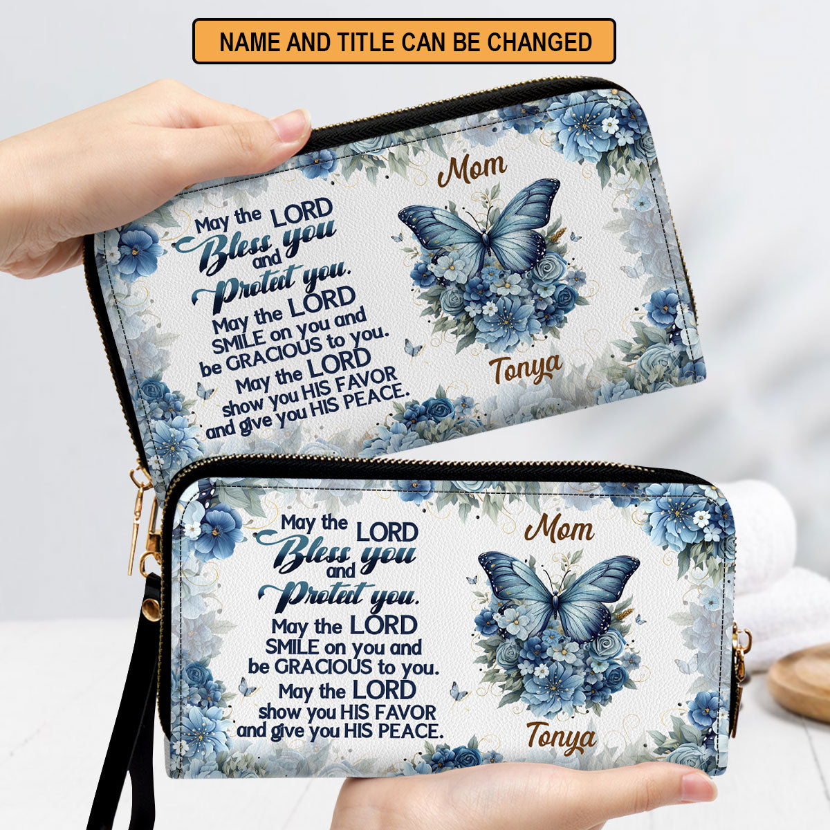 Jesuspirit | Personalized Leather Clutch Purse With Wristlet Strap Handle | Spiritual Gifts For Christian Women | May The Lord Bless You And Protect You CPM784