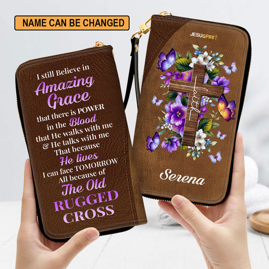 Jesuspirit | Personalized Zippered Leather Clutch Purse | I Still Believe In Amazing Grace | Faith Cross And Floral | Christ Gifts For Religious Women CP12H