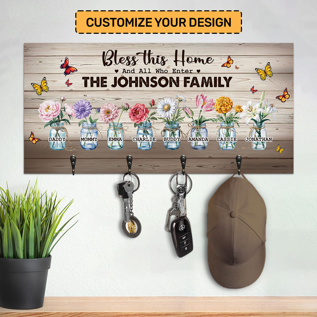 Bless This Home Flowers | Personalized Key Holder JSUWKHCSHLT1794L