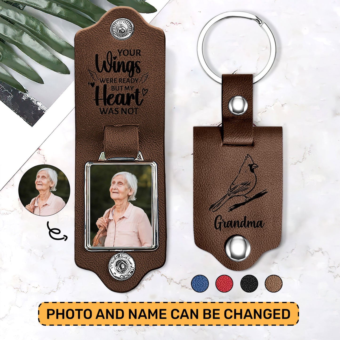 Jesuspirit Personalized Leather Photo Keychain | Your Wings Were Ready But My Heart Was Not LPKHN14