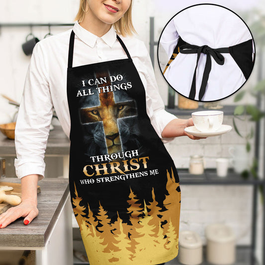 Jesuspirit | Philippians 4:13 | I Can Do All Things Through Christ | Lion And Cross | Personalized Apron With Tie Back Closure HN114