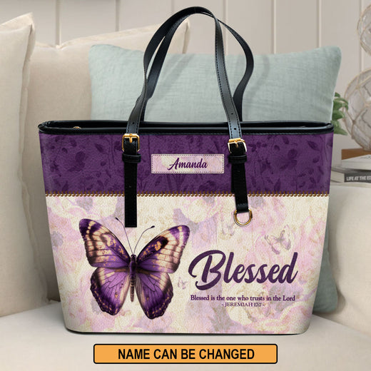 Jesuspirit | Personalized Large Leather Tote Bag | Blessed Is The One Who Trusts In The Lord | Jeremiah 17:7 | Faith Christian Bible Scripture Prayer Gifts LLTBHN801