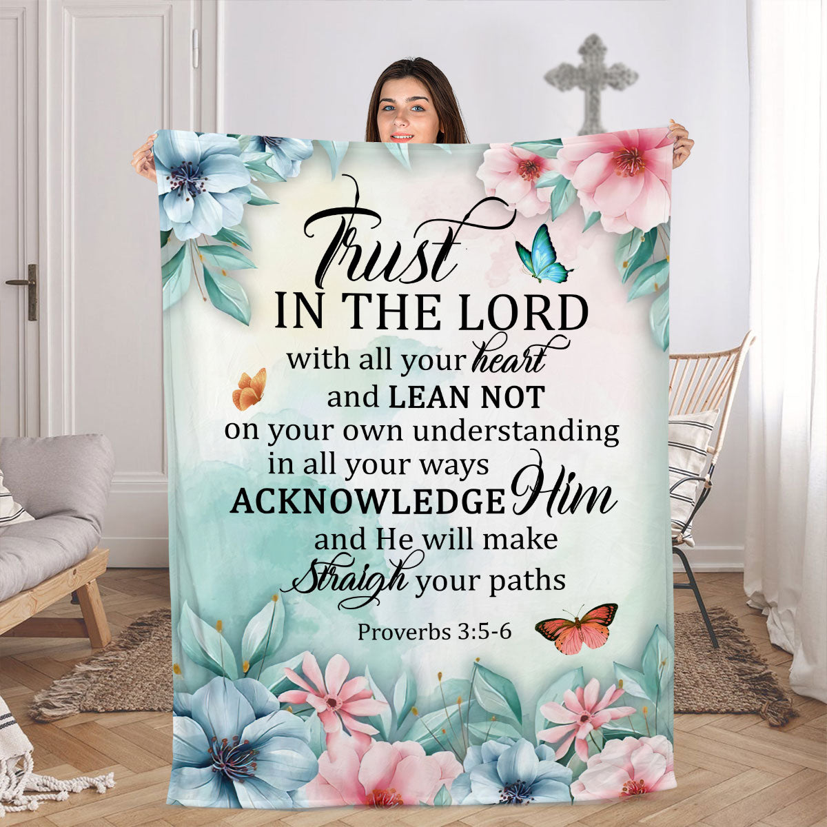 Proverbs 3:5-6 | Fleece Blanket | Butterfly And Flower | Trust In The Lord With All Your Heart