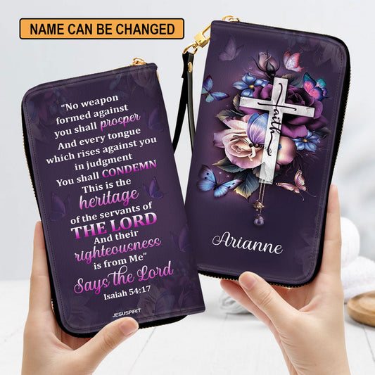 Jesuspirit | No Weapon Formed Against You Shall Prosper | Isaiah 54:17 | Personalized Zippered Leather Clutch Purse | Scripture Gifts For Religious Woman HH175N