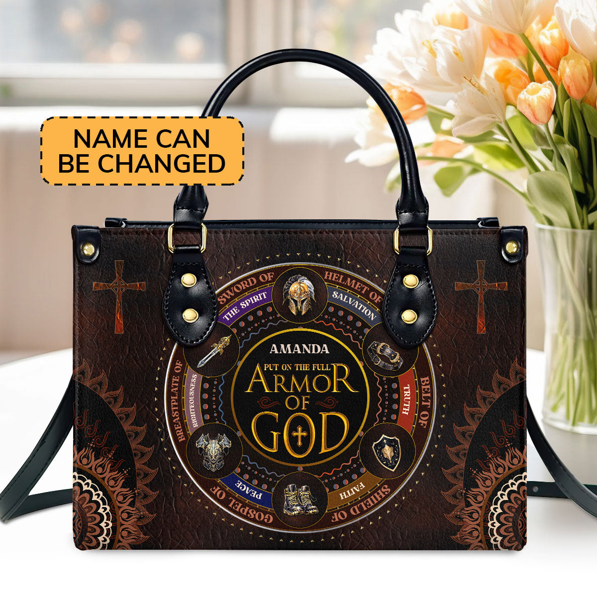 Jesuspirit | Personalized Zippered Leather Handbag With Handle | Religious Gift For Worship Friends | Armor Of God LHBM762