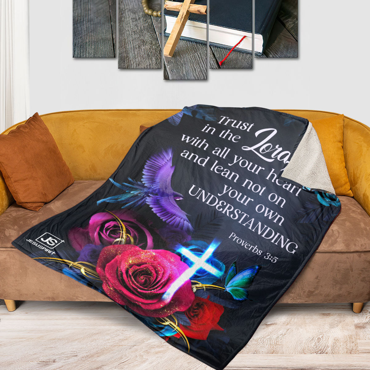 Jesuspirit | Trust In The Lord With All Your Heart | Fleece Blanket | Proverbs 3:5 | Rose And Cross FBHN629