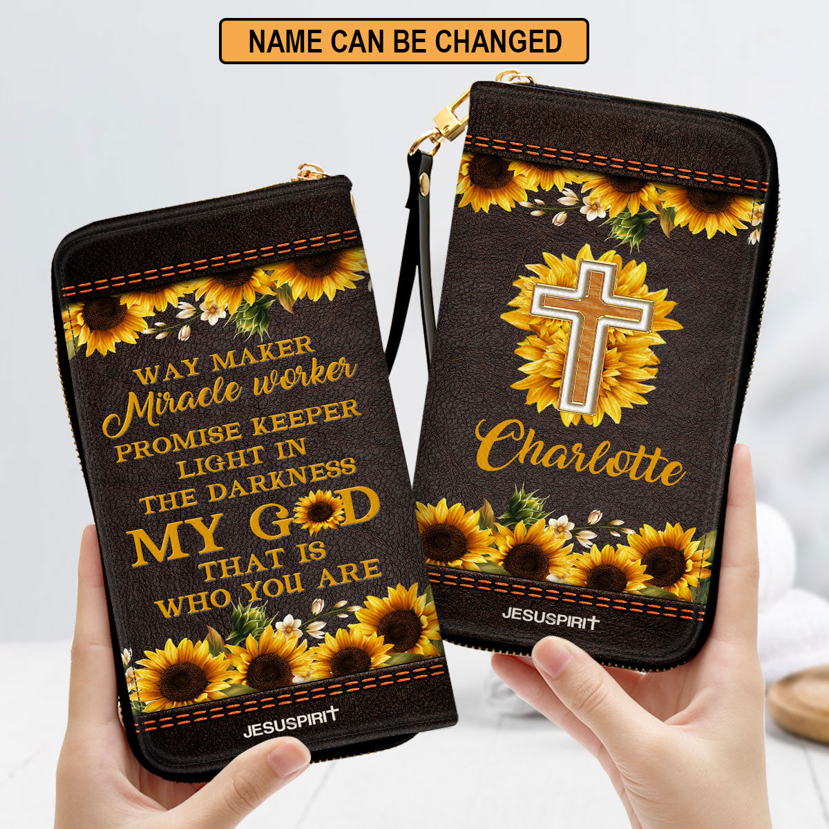 Jesuspirit | Personalized Sunflower Clutch Purse | Scripture Gifts For Christ Women | Way Maker And Miracle Worker HN147B