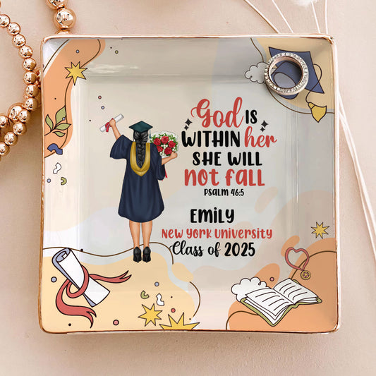 God Is Within Her She Will Not Fall | Personalized Ceramic Ring Dish Square