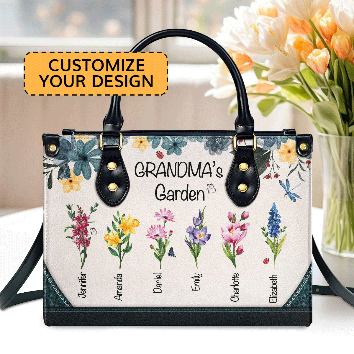 Grandma's Garden | Personalized Leather Handbag With Zipper LHBHN04