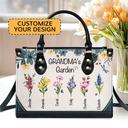Grandma's Garden | Personalized Leather Handbag With Zipper LHBHN04