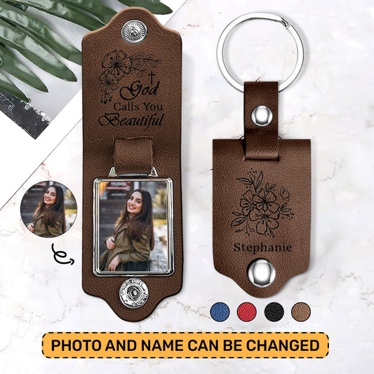 Jesuspirit Personalized Leather Photo Keychain | God Calls You Beautiful LPKHN04