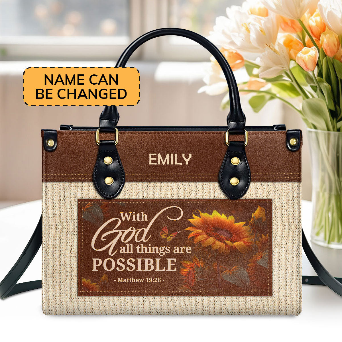 Jesuspirit | Personalized Leather Handbag With Zipper | With God All Things Are Possible LHBM786