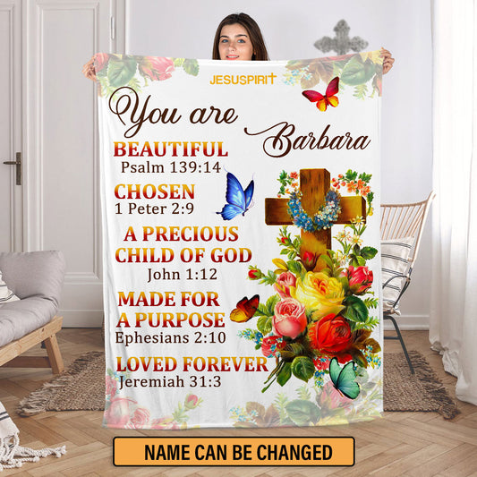 Jesuspirit | Gorgeous Personalized Fleece Blanket | A Precious Child Of God | Roses And Cross FBM705
