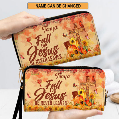Personalized Leather Clutch Purse | Fall For Jesus He Never Leaves