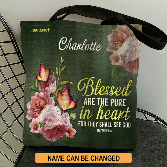 Jesuspirit Personalized Tote Bag | Religious Gifts For Women Of God | Blessed Are The Pure In Heart | Matthew 5:8 TBHN676