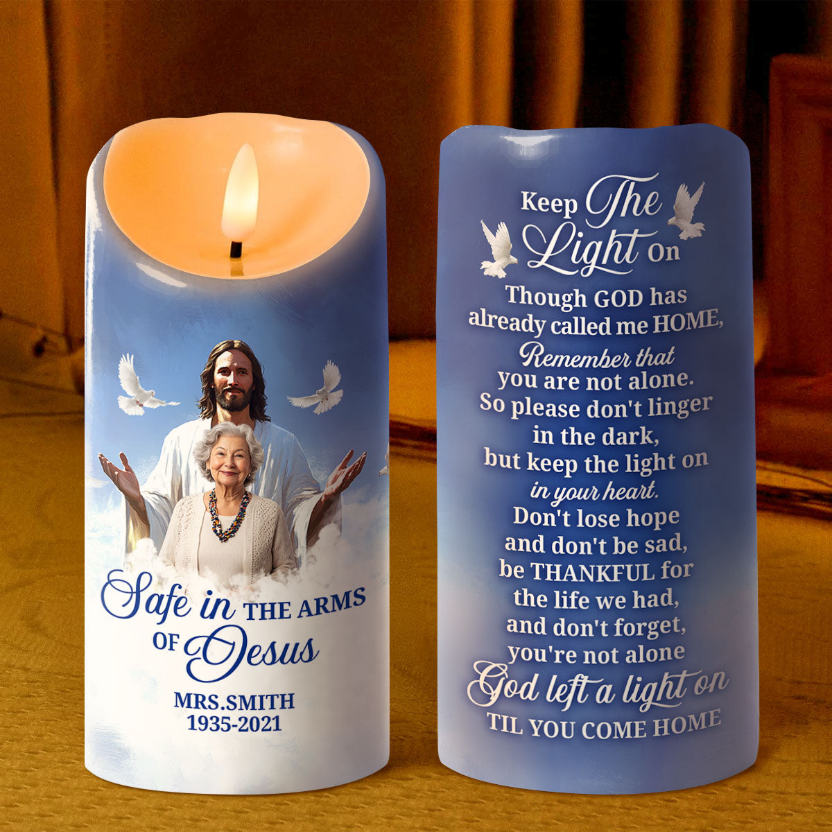 Safe In The Arms Of Jesus | Personalized Flameless LED Candle