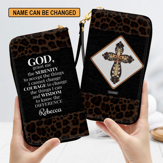 Jesuspirit | Christian Spiritual Gifts For Religious Women | God, Grant Me The Serenity To Accept The Things I Cannot Change | Personalized Cross Zippered Leather Clutch Purse NUH424H