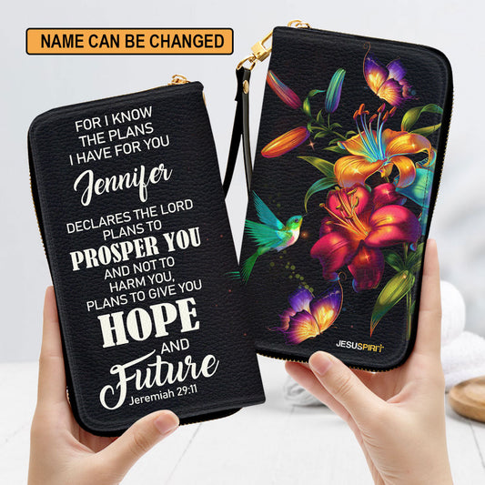 Jesuspirit | The Lord Plans To Prosper You And Not To Harm You | Jeremiah 29:11 | Personalized  Zippered Leather Clutch Purse | Christian Gifts For Women NUH283H