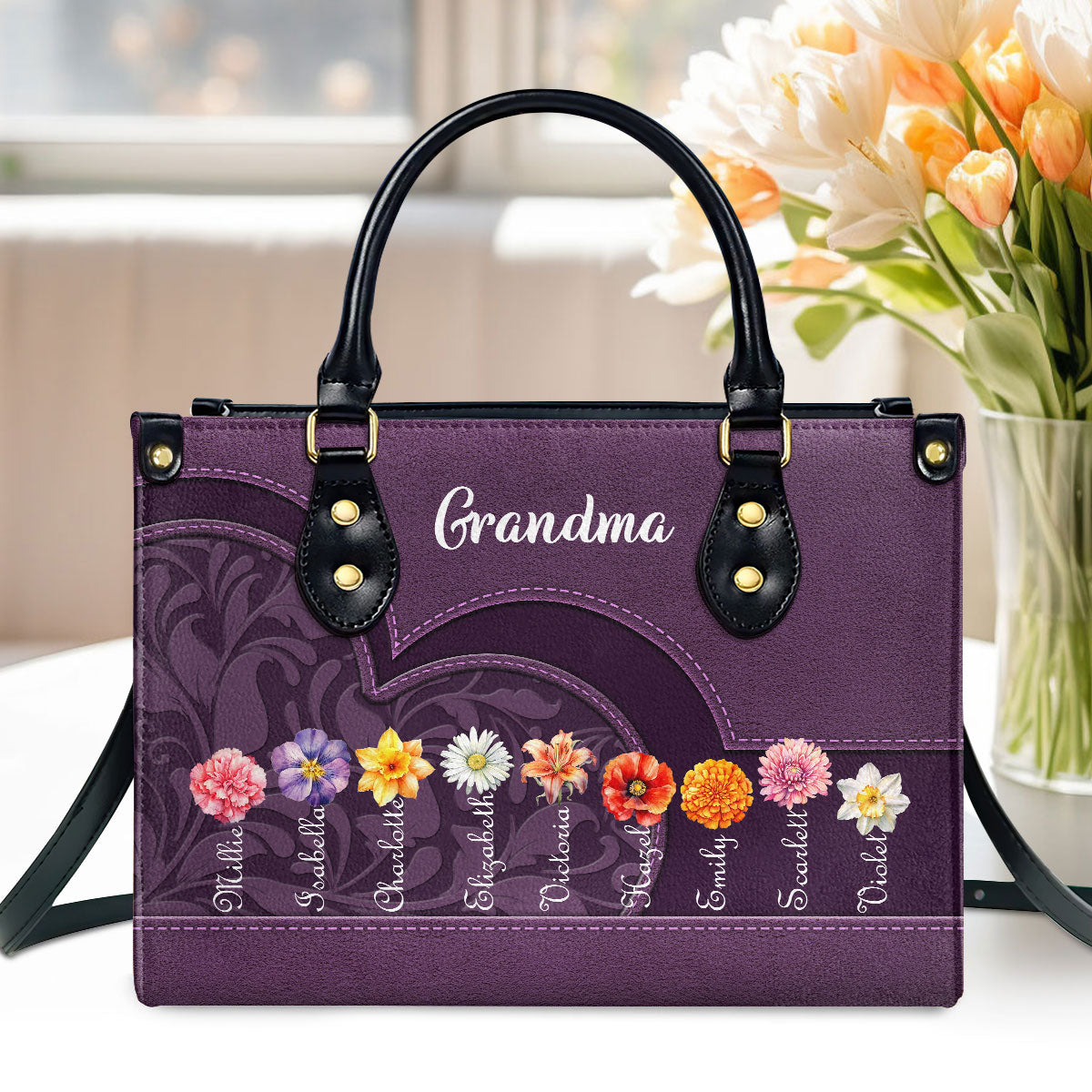 Grandma's Garden Birth Month Flower | Personalized Leather Handbag JSLHBPT2158TA