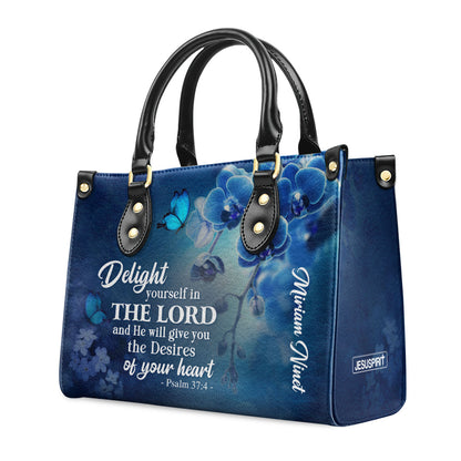 Jesuspirit | Personalized Leather Handbag | Delight Yourself In The Lord | Psalm 37:4 | Blue Orchids And Lilac H47