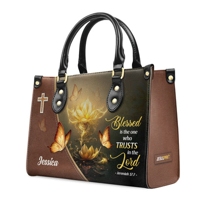 Jesuspirit | Blessed Is The One Who Trusts In The Lord | Jeremiah 17:7 | Spiritual Gift Bible Verse For Christian Women | Personalized Leather Handbag With Handle LHBH827