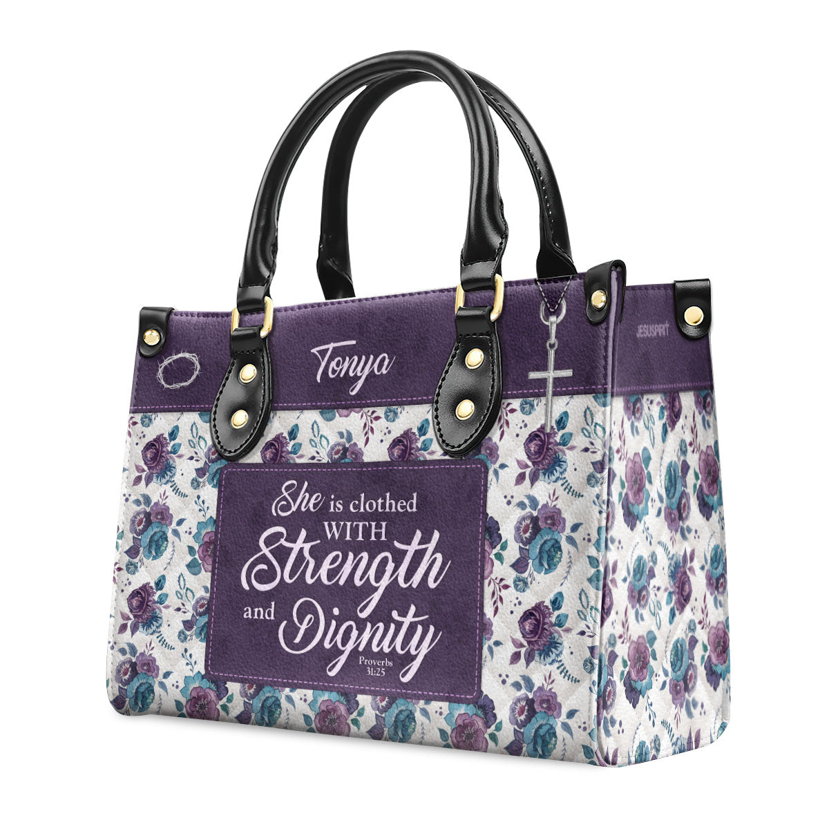 Jesuspirit | Proverbs 31:25 | Personalized Leather Handbag With Handle | She Is Clothed With Strength and Dignity | Religious Gift For Female Pastors LHBHN804