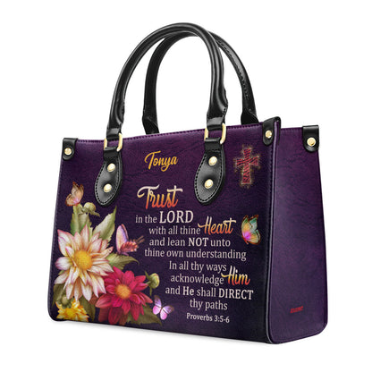 Jesuspirit | Proverbs 3:5-6 | Trust In The Lord With All Thine Heart | Flower And Cross | Personalized Leather Handbag LHBM677