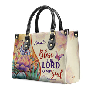 Jesuspirit | Bless The Lord O My Soul | Psalm 103:1 | Personalized Leather Handbag With Handle | Flower And Butterfly LHBM678