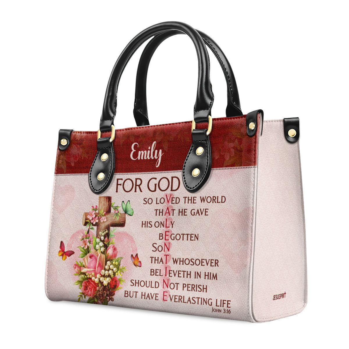 Jesuspirit | Personalized Leather Handbag With Handle | For God So Loved The World | Christian Valentine Gifts For Women Of God LHBM709