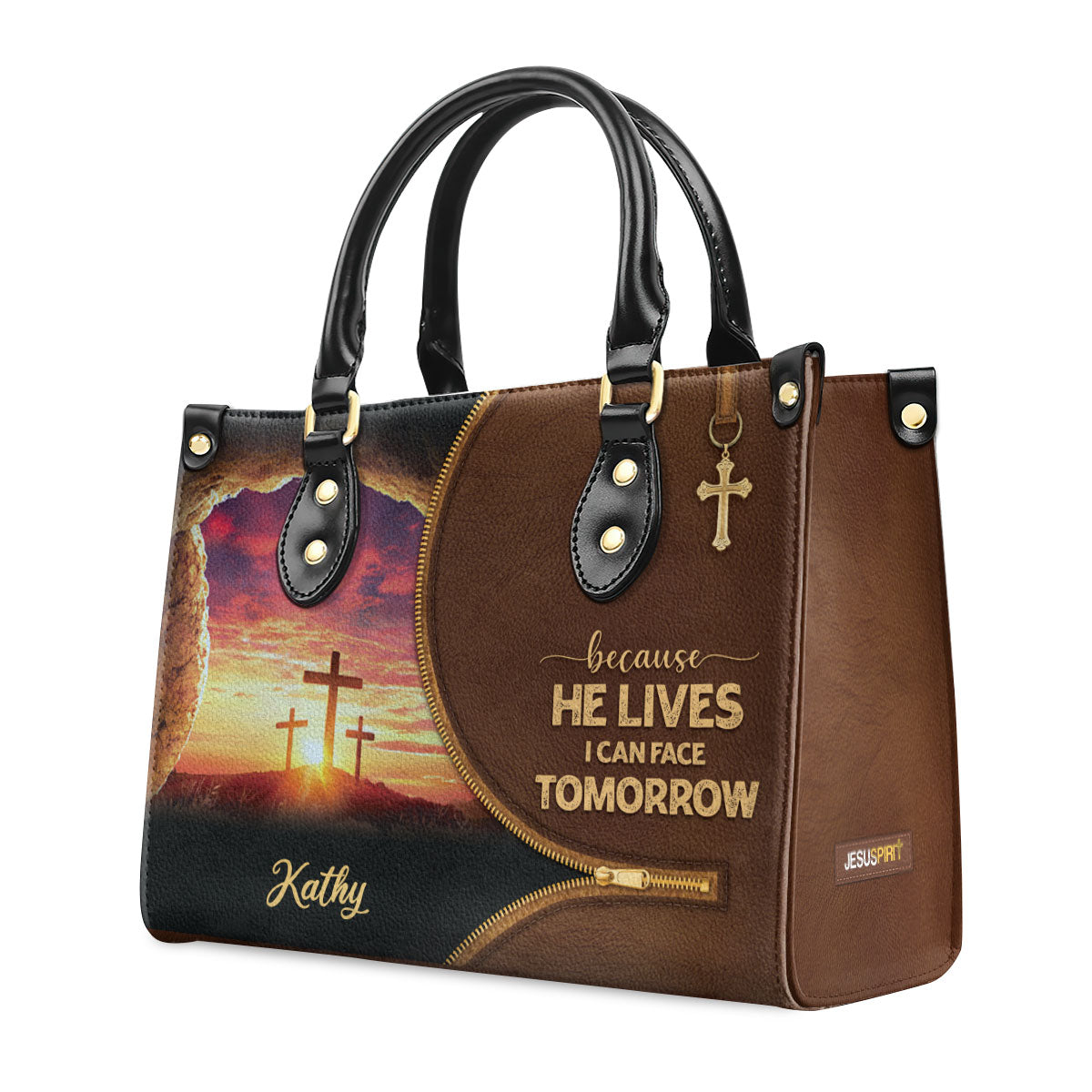 Beautiful Christian Leather Handbag - Because He Lives, I Can Face Tomorrow NUH267