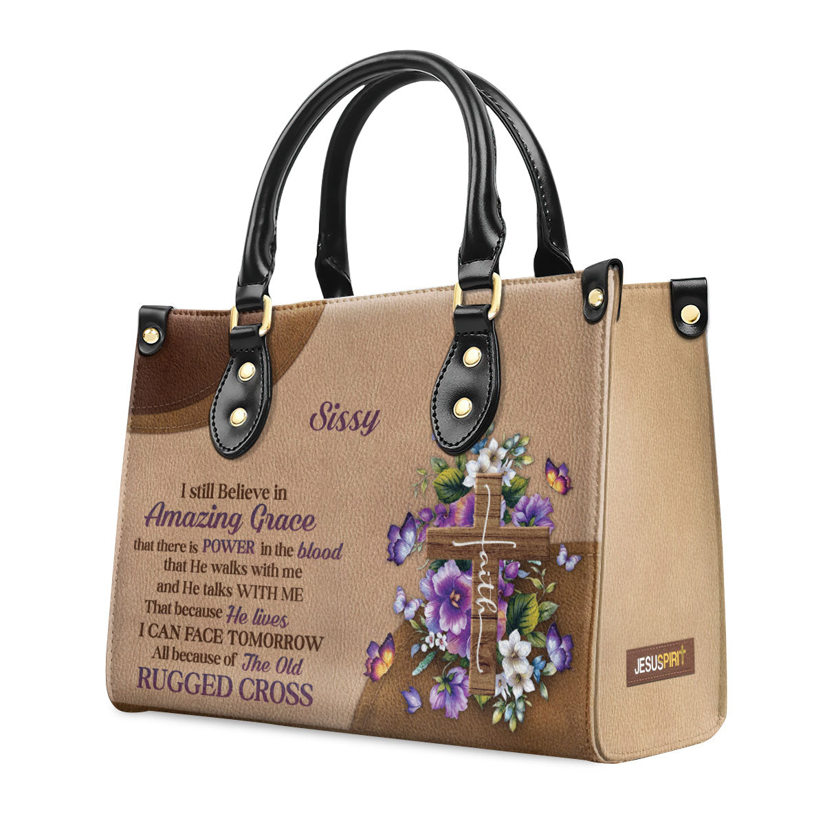Stunning Personalized Floral Cross Leather Handbag - I Still Believe In Amazing Grace NUH269