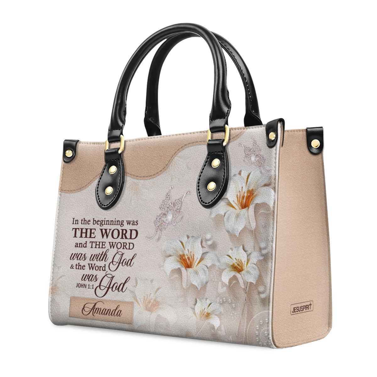 Pretty Personalized Lily Leather Handbag - In The Beginning Was The Word NUH337