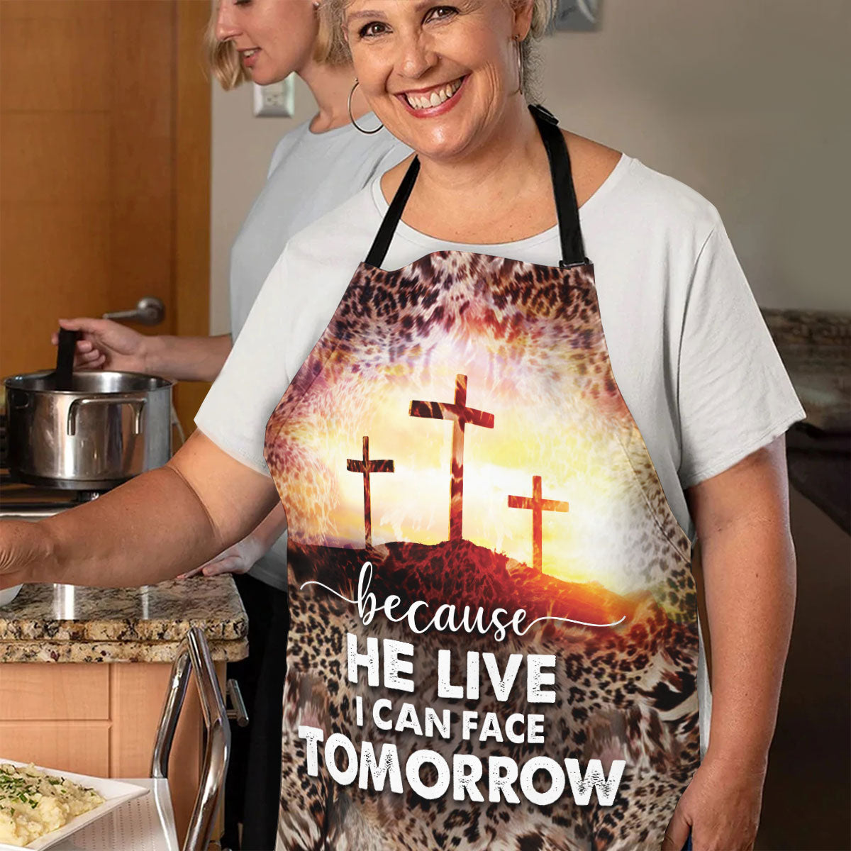 Jesuspirit | Religious Gift For Christians | Leopard Pattern And Cross | Because He Lives I Can Face Tomorrow | Apron With Neck Strap A03