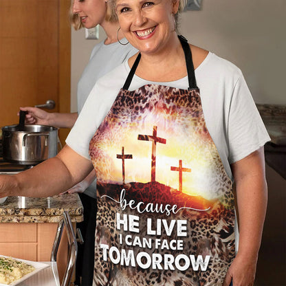 Jesuspirit | Religious Gift For Christians | Leopard Pattern And Cross | Because He Lives I Can Face Tomorrow | Apron With Neck Strap A03