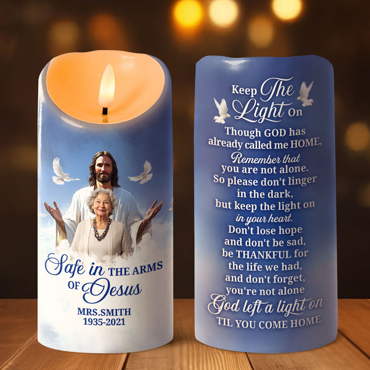 Safe In The Arms Of Jesus | Personalized Flameless LED Candle