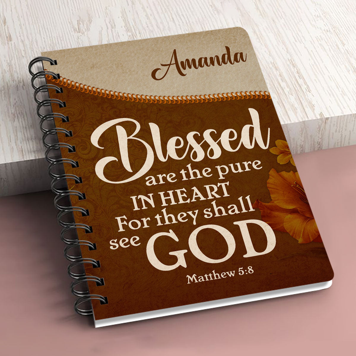 Jesuspirit | Matthew 5:8 | Flower And Cross | Blessed Are The Pure In Heart | Beautiful Personalized Flower Spiral Journal SJHN609