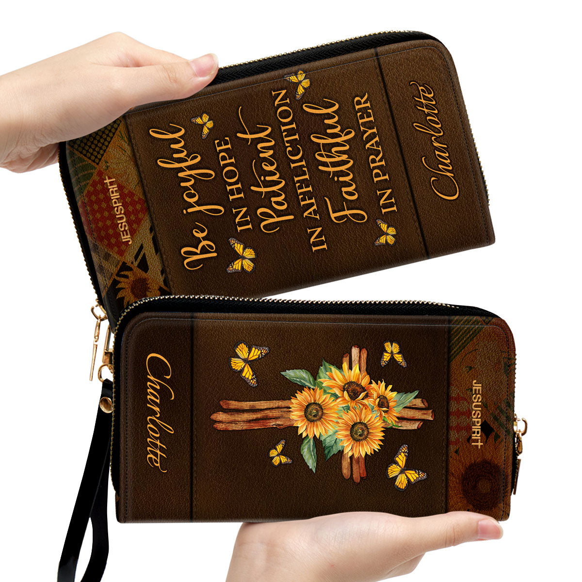 Jesuspirit | Personalized Sunflower Zippered Leather Clutch Purse | Religious Gifts For Women Of God | Be Joyful In Hope AHN251B