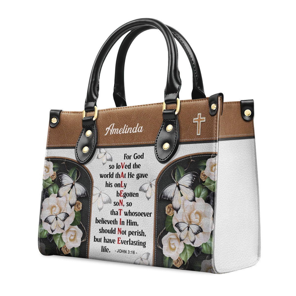 Jesuspirit | Personalized Leather Handbag | Christian Valentines Day Ideas | John 3:16 | For God So Loved The World | Bible Verse Spiritual Gifts LHBH832