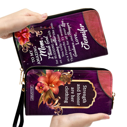 Jesuspirit | Unique Religious Gifts For Christian Mothers | Personalized Zippered Leather Clutch Purse | Strength And Honor Are Her Clothing NUM384C