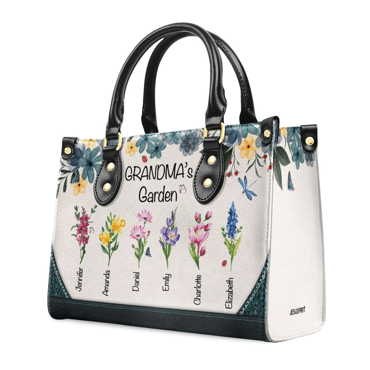 Grandma's Garden | Personalized Leather Handbag With Zipper LHBHN04