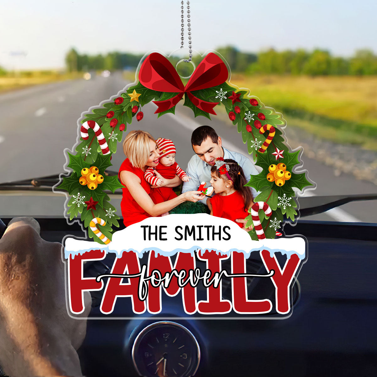 Christmas Wreath Family Forever | Personalized 1-Side Car Acrylic Hanging Ornament JSUPCHOPHN2103M