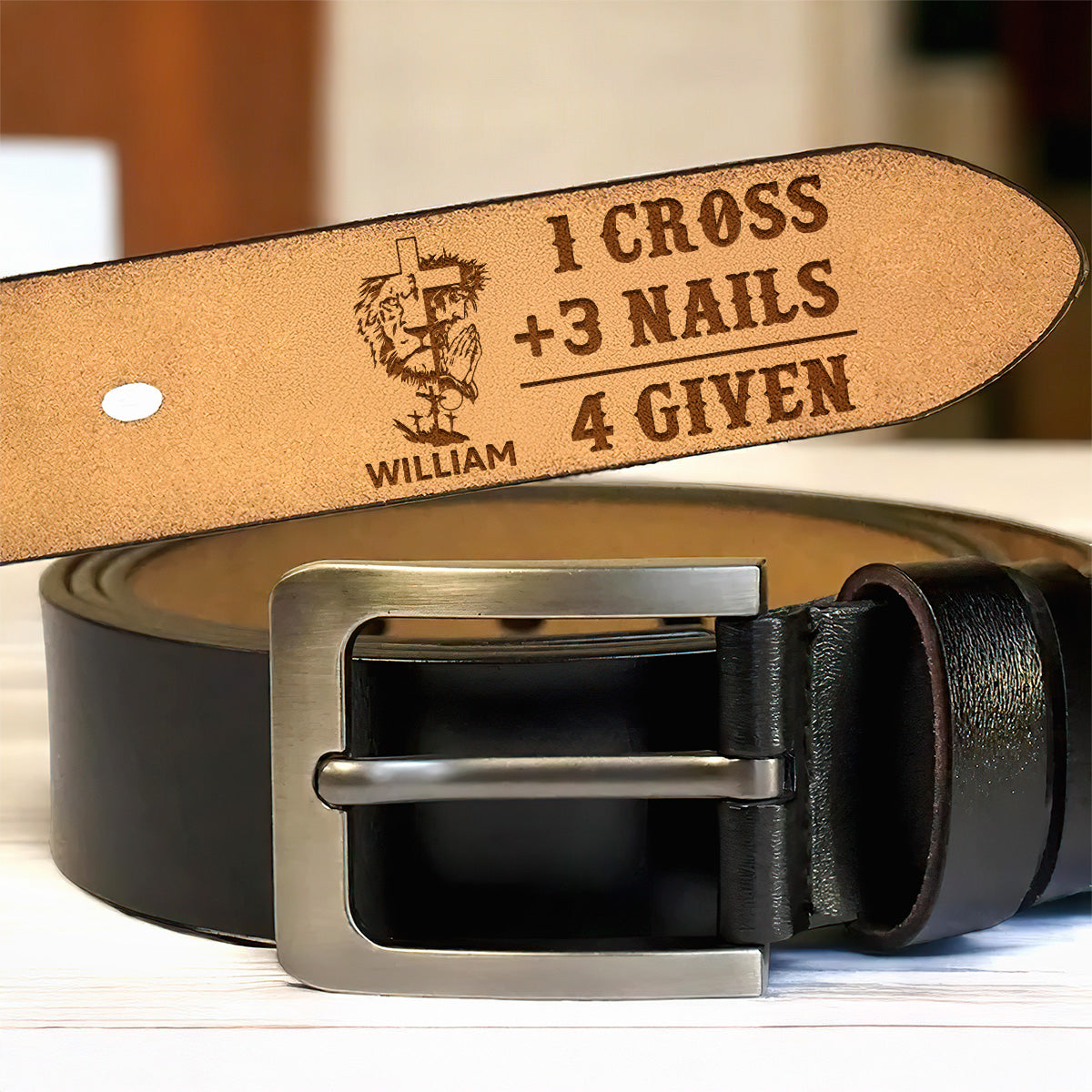 1 Cross 3 Nails 4 Given | Personalized Engraved Leather Belt