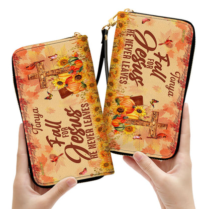 Personalized Leather Clutch Purse | Fall For Jesus He Never Leaves